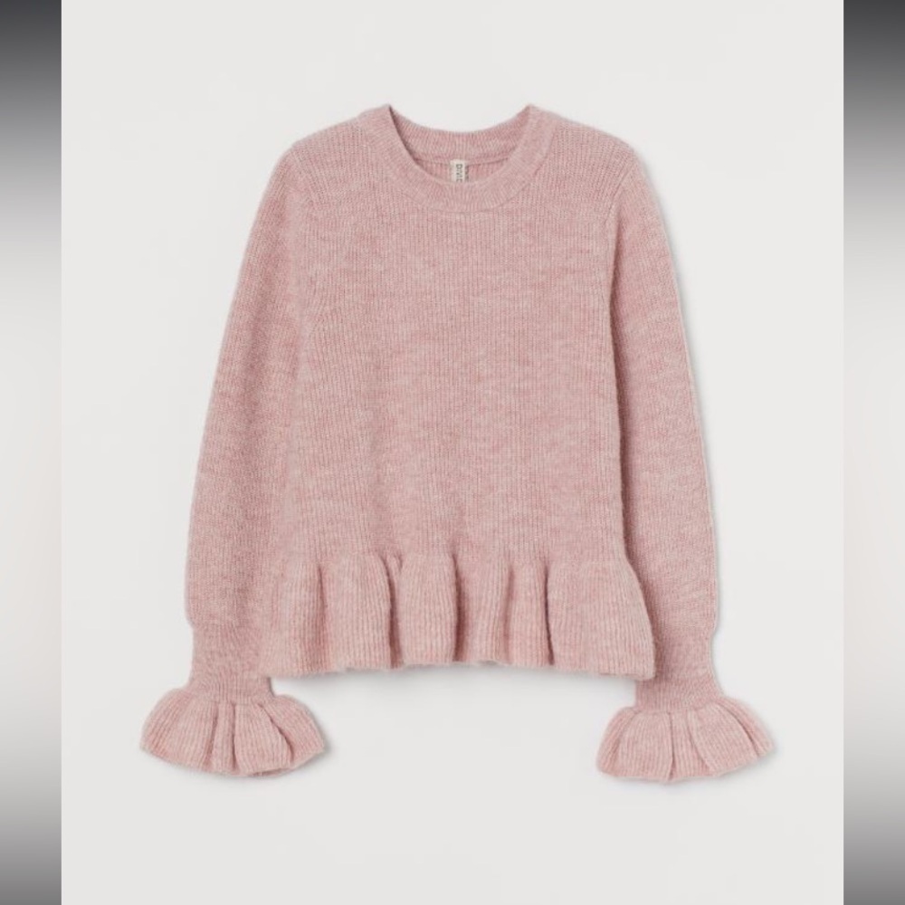H&M divided pink stretchy peplum knitted‎ sweater ruffled cuffs size XS